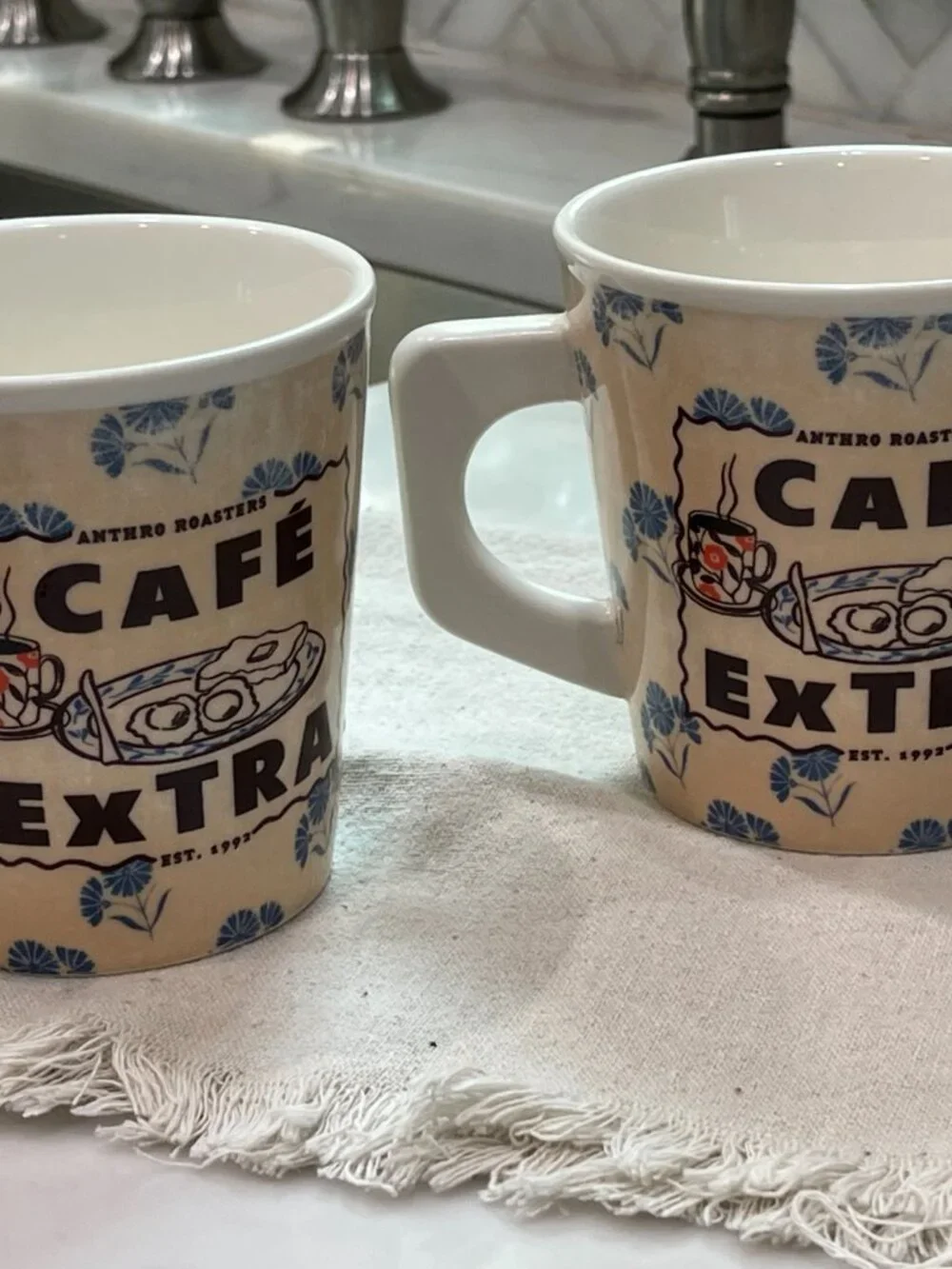 2 Anthropologie Bistro Blue 'Café Coffee Mugs--Retro Coffee Break Memories!